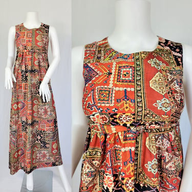 1970's Orange Tapestry Print Long Poly Empire Waist Maxi Dress I Sz Sm 