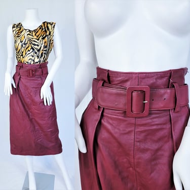 1980's Oxblood Red High Waist Long Leather Belted Pencil Skirt I Sz Med I Pia Rucci 
