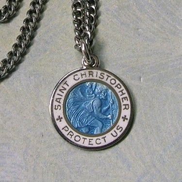 Vintage Sterling White and Blue Enamel Saint Christopher Pendant, Old Regina St. Christopher Medal with Silvertone Chain (#4193) 