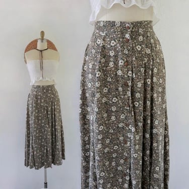 flowy button rosebud skirt - 26-29 - vintage 90s y2k sweet womens floral size small rayon cute cottage cottagecore fall 