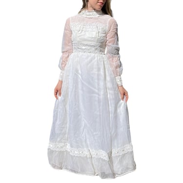 Vintage 1970s White Long Sleeve Lace Boho Prairie Hippy Maxi Wedding Dress Sz XS 
