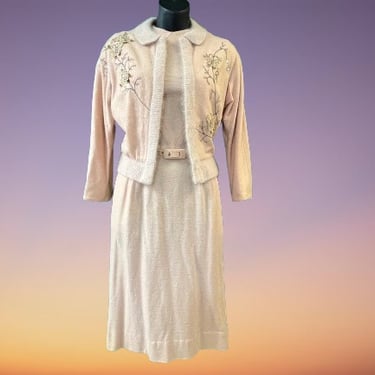 1950s wool sweater dress set nude dress and butterfly cardigan small 