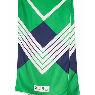 Nina Ricci 1960s Vintage Chevron Green & Navy Silk Twill Long Scarf 