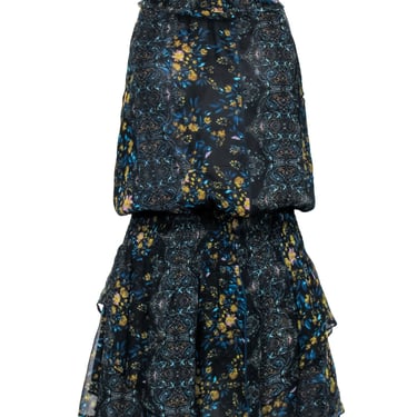 Ramy Brook – Black w/ Paisley & Floral Print Ruffled Mini Dress Sz XS