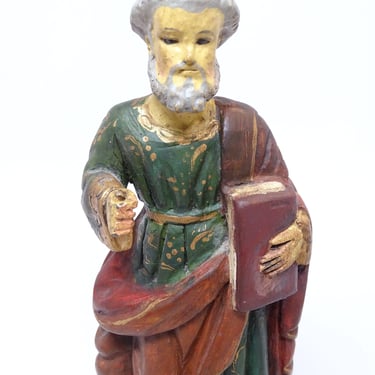 Antique Saint Peter Polychrome Santos with Glass Eyes, Hand Carved Hand Painted, Vintage Religious Folk Art 