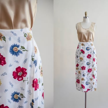 white floral wrap skirt | red and blue floral midi skirt 