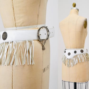 80s Vintage White Silver Studded Fringe belt Medium Large White Leather Silver fringe Metallic Belt Rockstar Cowgirl Western Wedding Belt 