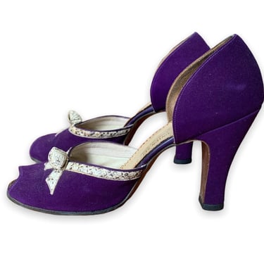 50s Purple Suede & Snakeskin Bow Peep Toe Heels / 1950s Vintage Pin Up Pumps / Size 7 - 7.5 