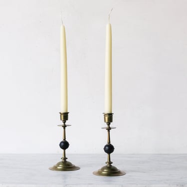 Pair of Brass Candlesticks &amp; Tapers