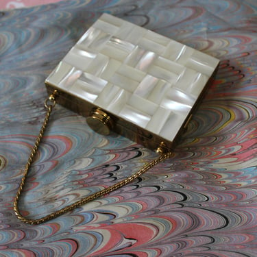 Vintage NOS 1950s Mother of Pearl MOP New Old Stock Compact Purse with Handle Evening Bag / Lipstick Blush 
