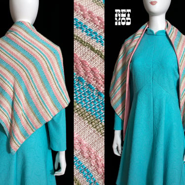 Pretty Vintage 60s 70s Pastel Blue Pink Woven Shawl Shoulder Wrap Lined in Pink Satin 