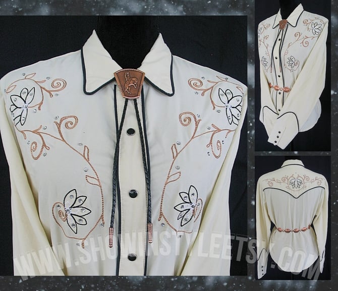 Western Styles Collection Vintage Retro Women's Shirt, Cowgirl Blouse, Ivory with Gold & Black Embroidery, Tag Size Large (see meas. photo) 