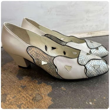 Vintage 80s White and Silver Snakeskin Leather Pumps | Italian Heels | 6.5/7 