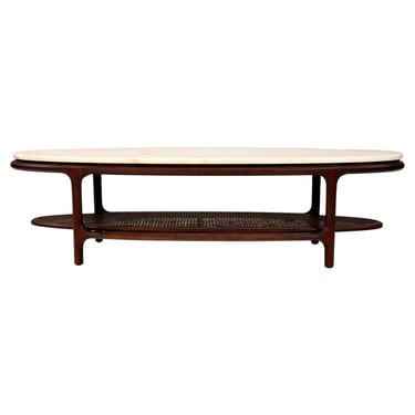 Mid-Century White Marble, Walnut and Cane Surfboard Two-Tier Coffee Table 