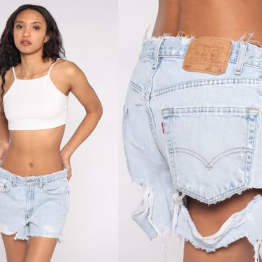 Ripped Levis Jean Shorts 80s Levi CUT OFF Shorts Distressed Denim Cutoff High Waist Cutoffs Butt Rip Blue Frayed Vintage 32 Large 