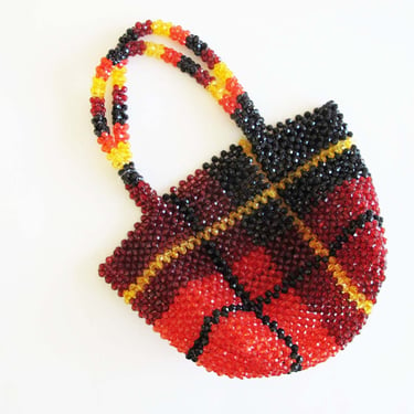 Vintage 90s Beaded Hand Bag - Red Black Plaid Crystal Bead Top Handle Tote Bag - Cocktail Party Bag - 90s Bag - SSmall Beaded Purse 