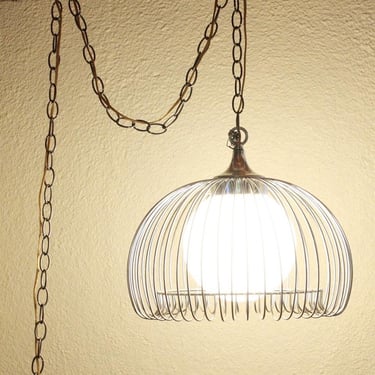 Vintage Mid Century Modern Wire Cage Hanging Swag Light 