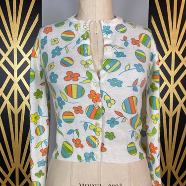 1960s cardigan, novelty print, vintage sweater, beachball, cropped sweater, fitted cardigan, acrylic, mod print, medium, mrs maisel style 