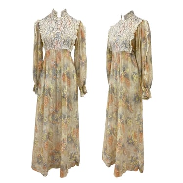 Vtg Vintage 1970s 70s Bishop Sleeve Lace Bibbed Floral Boho Cottage Maxi Dress 