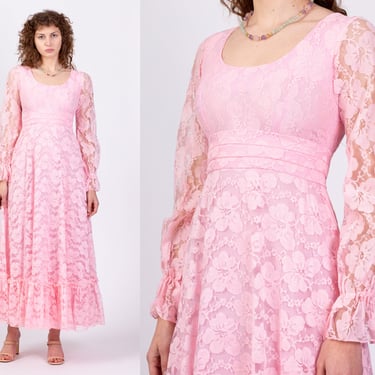 60s 70s Jack Bryan Pink Floral Lace Gown - Small | Vintage Boho Sheer Long Sleeve Hippie Formal Maxi Prom Dress 
