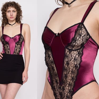 90s Plum Purple Satin & Lace Lingerie Teddy - Small