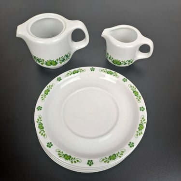 Vintage 60s White & Green Floral Ceramic Snack Serving Set 