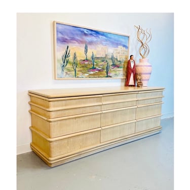 1990’s Danish Modern Bleached Oak Triple Nine Drawer Lowboy Dresser, Postmodern Dresser, 90s Bedroom Furniture 