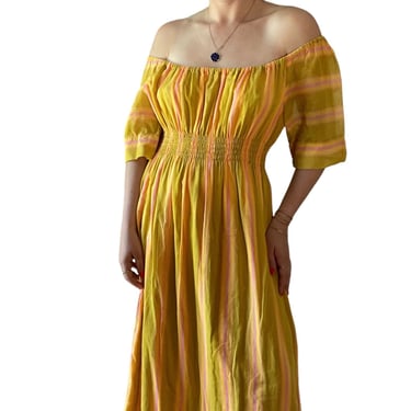 Vintage 1970s Retro Yellow Hippy Off The Shoulder Striped Cotton Maxi Dress Sz M 