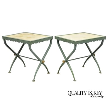 Troy Sunshade Hollywood Regency Curule X-Frame Aluminum Patio Side Tables - Pair