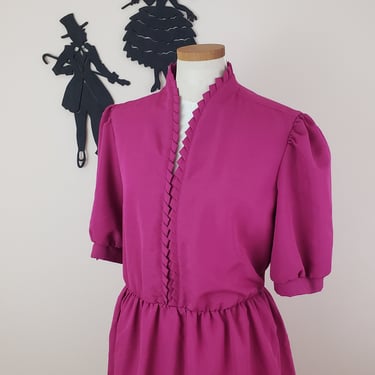 Vintage 1970's Lady Carol Dress / 80s Magenta Day Dress L/XL 