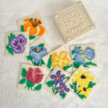 Vintage Coasters, Needlepoint Flowers, Hand Stitched, Set 8, Matching Box, Floral, Dining, Kitchen 