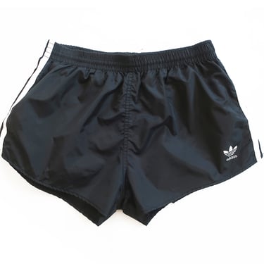 vintage Adidas shorts / running shorts / 1980s Adidas trefoil three stripe black nylon running swim shorts Medium 