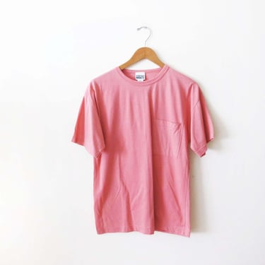 Vintage 90s Salmon Pink Cotton Pocket S Shirt S M - 1990s Solid Color Crewneck Short Sleeve Shirt 