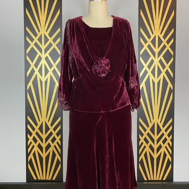 1920s dress, wine silk velvet, antique dress, flapper, metallic chiffon, small medium, peplum, puff sleeves, roaring twenties, Downton abbey 