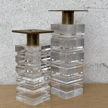 Pair Mid Century Modern Staked Cubed Lucite Brass Candle Stick Holders 