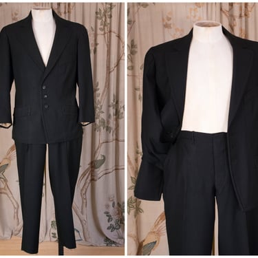 1900s Suit - A 1900s to early 1910s Edwardian Suit of Black Wool and Silk Suiting with Lustrous Finish, has Flat Fronted, Short Pants 34 36 