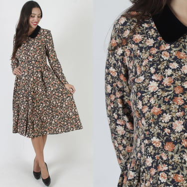 80s Laura Ashley Dress, Western Pilgrim Velvet Collar, Vintage Floral Country Midi Sundress Size UK 14 US 10 