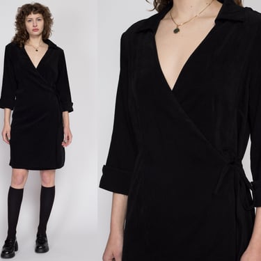 Large 90s Black Ultrasuede Wrap Dress | Vintage 3/4 Sleeve Minimalist Collared Mini Dress 