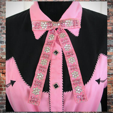 String Tie for Western Shirts, Pink with Clear & Pink Rhinestones, Rodeo and Square Dance, Bow Tie, Clip On Tie, Vintage Tie, Colonel's Tie 