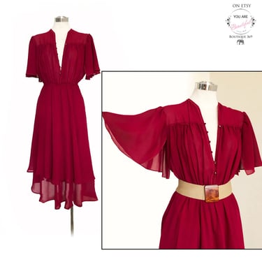 70's Vintage Hippie Boho Scarf Hem Layered Sheer Red Dress, 1970's, Burbundy, Purple, Tapered Hem, Stevie Nicks, Ossie Clark, Biba, style 
