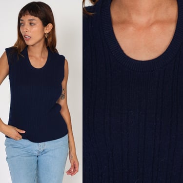 Navy Blue Sweater Vest 80s Saks Fifth Avenue Ribbed Knit Tank Top Sleeveless Scoop Neck Pullover Shirt Layering Blouse Vintage 1980s Small S 