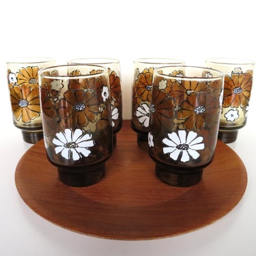 1970s Tawny Brown Libbey Glass Tumblers With Camellia Daisy Flowers, Set of 6 Retro Floral Drinkware 