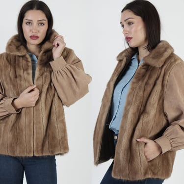 80s Autumn Haze Mink Fur Coat, Soft Micro Suede Tan Sleeves, Zip Up Unisex Overcoat Jacket Sz M 