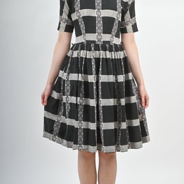 1960s Black and White Checkered Fit and Flare Cotton Dress