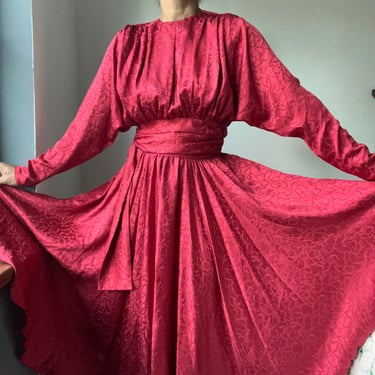 vintage silk 80s does 40s cocktail red fit and flare faux wrap dress 