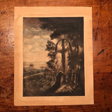 Antique Graveyard Engraving Signed by Mystery Artist - Old Creepy Colored Art Print - Turn of the century? 
