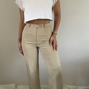 90s flat front pants / vintage oatmeal beige wool rayon ultra high waisted khaki flat front wide straight leg pants trousers | 27 waist 