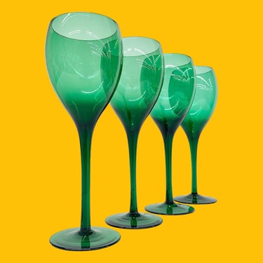 Vintage Wine Glasses Retro 1990s Contemporary + Emerald Green + Handblown Glass + Set of 4 + Barware + Drinking + Modern Glassware + Kitchen 