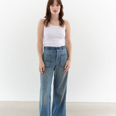 Vintage 27 Waist Button Fly High Rise Jeans | 60s Mended Worn in Wide Leg Flare Denim | Sailor Flare Nautical | 