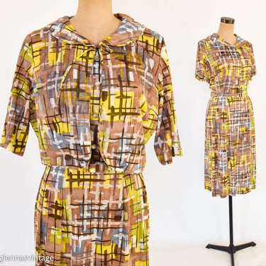 1940s Yellow & Brown Dress Jacket Set | 40s  Yellow Brown Dress Set |  Claire Tiffany Traveler |  Large 